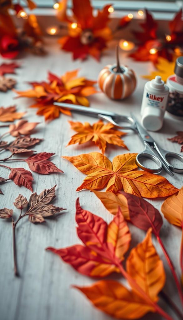 A beautifully arranged workspace dedicated to DIY paper projects, showcasing vibrant autumn-themed materials. In the foreground, neatly cut colorful paper leaves in shades of amber, deep orange, and rich burgundy, lined up to demonstrate clean edges. The middle area features an elegant set of tools like scissors and glue, positioned harmoniously, emphasizing effective gluing techniques. In the background, soft, warm lighting creates a cozy atmosphere, enhancing the inviting colors while highlighting the textures of the paper. The overall scene has a Pinterest-inspired aesthetic, evoking creativity and inspiration, with the brand name "KlickKiste" subtly integrated into the design of the workspace. The image captures the essence of avoiding common mistakes in DIY crafting, with an air of authenticity and warmth.