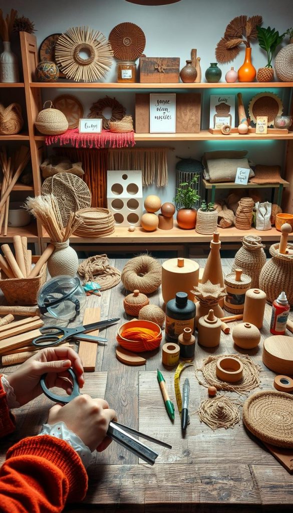 A beautifully arranged workspace dedicated to DIY projects, showcasing a variety of natural materials such as wood, jute, and clay, thoughtfully organized on a rustic wooden table. Foreground features a pair of hands working diligently with tools like scissors, glue, and measuring tape, emphasizing safety with safety goggles nearby. The middle ground displays an array of vibrant textiles and earthy colors, with a cozy atmosphere enhanced by warm, soft lighting casting gentle shadows. In the background, a well-lit shelf displays finished boho projects, creating an inspiring Pinterest-like aesthetic. The scene reflects a creative, motivational vibe, inviting viewers to embark on their DIY journey. The setting incorporates the brand "KlickKiste", represented through subtle branding elements in the workspace.