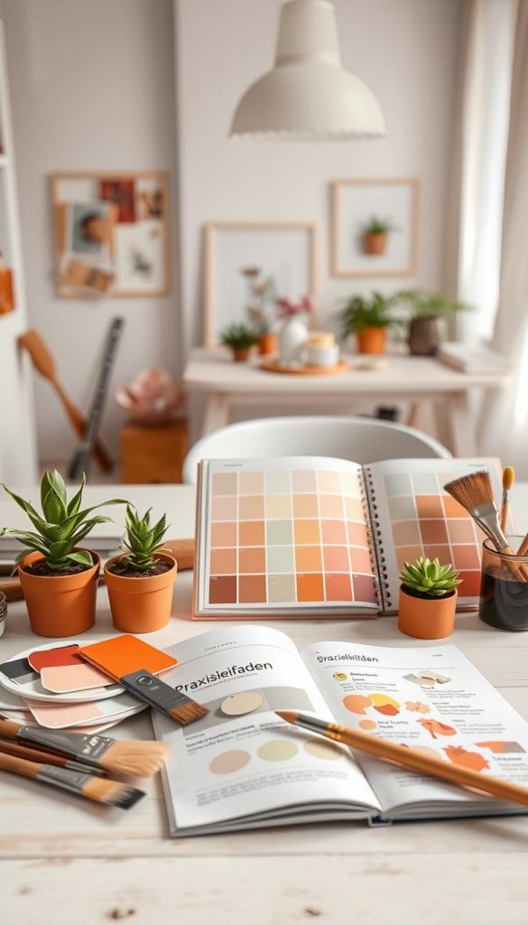 A beautifully arranged workspace featuring a step-by-step color guide for spring trends, with warm, inviting hues dominating the palette. In the foreground, an aesthetically pleasing DIY area showcases paint samples, brushes, and small potted plants, all in soft, natural lighting. The middle ground includes an open notebook titled "Praxisleitfaden" filled with colorful sketches and ideas for transforming rental spaces and small rooms, reflecting various budgets. In the background, a serene interior scene hints at light-colored walls and tasteful decor, suggesting an inviting spring atmosphere. Soft focus highlights the warmth and creativity of the space, aiming to inspire. This composition embodies an authentic, Pinterest-worthy look, infused with the brand spirit of "KlickKiste".
