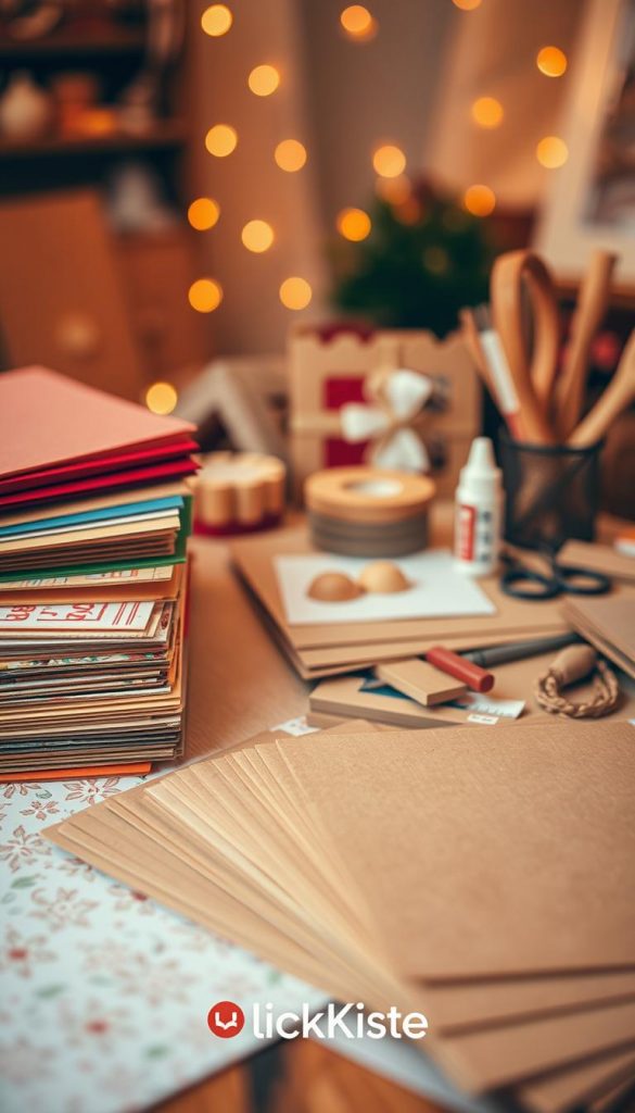 A beautifully arranged workspace featuring essential materials and tools for DIY projects with paper and cardboard. In the foreground, a variety of textured papers in warm tones, including sheets of colorful craft paper, patterned cardstock, and cardboard pieces, all neatly stacked and fanned out. Beside them, an assortment of tools such as scissors, a glue stick, a craft knife, and a ruler, all in a natural wood finish. In the middle ground, a small table adorned with a DIY project in progress, highlighting creativity and inspiration. The background softly blurs out, revealing warm, ambient lighting that enhances the inviting, cozy atmosphere typical of Pinterest aesthetics. The brand "KlickKiste" is subtly integrated into the scene, emphasizing a professional yet homely DIY vibe.