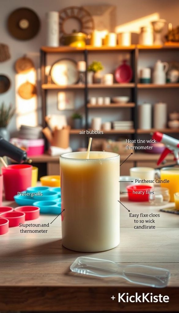 A beautifully arranged workspace for candle making, highlighting the common mistakes to avoid and quick solutions. In the foreground, a well-organized table with vibrant colored wax, wick supplies, and various molds, all bathed in warm, natural light creating a cozy atmosphere. The middle ground features a half-finished candle, showing imperfections like air bubbles and uneven surfaces, with easy fixes demonstrated through simple tools like a heat gun and thermometer. In the background, soft-focus shelves filled with completed candles and decorative items evoke a Pinterest-inspired aesthetic. The scene is infused with a sense of inspiration, echoing a creative DIY spirit. At the corner, a subtle brand logo of "KlickKiste" complements the image harmoniously.