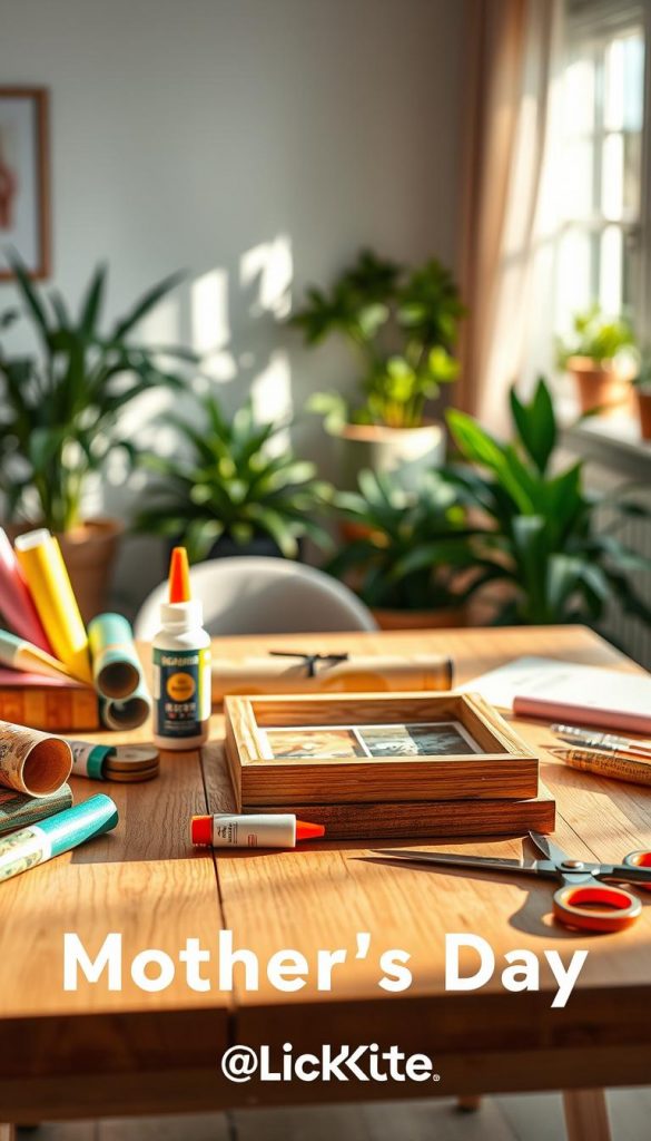 A beautifully arranged workspace showcasing DIY gifts for Mother's Day, focusing on the concept of "clean edges and adhesion." In the foreground, there is a neatly assembled wooden table with vibrant materials, including rolls of colorful wrapping paper, scissors, and a precision glue bottle. In the middle, a partially completed DIY gift, like a handcrafted photo frame with perfect edges, draws attention, reflecting professionalism and care. In the background, a gentle, blurred view of a cozy, well-lit room filled with plants and soft textures, creating a warm and inviting atmosphere. Natural lighting filters through a nearby window, casting soft shadows to enhance the peaceful vibe. The image embodies a Pinterest-inspired aesthetic, with a touch of authenticity and inspiration, incorporating the brand name "KlickKiste" artistically integrated into the scene. A beautifully arranged workspace showcasing DIY gifts for Mother's Day, focusing on the concept of "clean edges and adhesion." In the foreground, there is a neatly assembled wooden table with vibrant materials, including rolls of colorful wrapping paper, scissors, and a precision glue bottle. In the middle, a partially completed DIY gift, like a handcrafted photo frame with perfect edges, draws attention, reflecting professionalism and care. In the background, a gentle, blurred view of a cozy, well-lit room filled with plants and soft textures, creating a warm and inviting atmosphere. Natural lighting filters through a nearby window, casting soft shadows to enhance the peaceful vibe. The image embodies a Pinterest-inspired aesthetic, with a touch of authenticity and inspiration, incorporating the brand name "KlickKiste" artistically integrated into the scene.