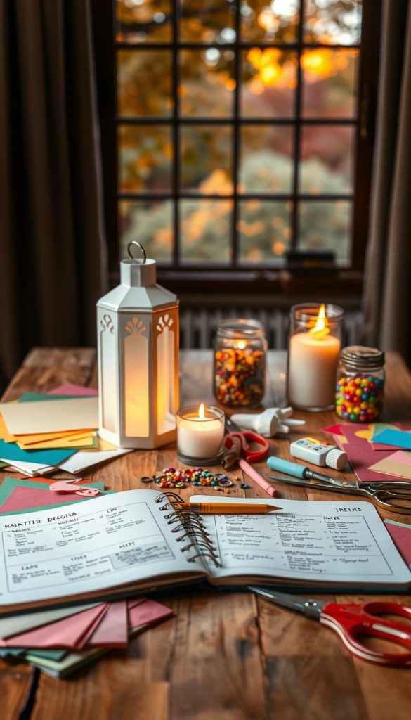 A beautifully arranged workspace showcasing a DIY lantern project, with a wooden table in the foreground filled with crafting materials: colorful papers, scissors, glue, and a completed lantern that emits a soft, warm glow. The middle ground features an open notebook with sketches and ideas labeled, along with a lit candle beside a jar of multi-colored beads. In the background, a soft-focus autumn scene through a window with fallen leaves and warm sunset light creates a cozy atmosphere. The image captures a serene and inspiring crafting mood, evoking creativity and warmth, reflecting the essence of autumn DIY projects. Soft, natural lighting enhances the inviting ambiance, embodying the brand KlickKiste's aesthetic of authentic and inspiring DIY imagery.