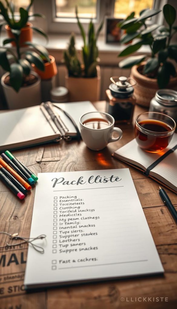 A beautifully arranged workspace showcasing a &ldquo;Vorlagen Packliste&rdquo; on a rustic wooden desk. In the foreground, there is a stylish checklist designed by KlickKiste, featuring bullet points for packing essentials like clothing, toiletries, and snacks, written in an elegant handwritten font. Surrounding the checklist, there are neat stationery items: a colorful highlighter set, an open planner, and a cozy cup of herbal tea. The middle ground includes soft natural light filtering through a window, casting warm tones over the scene, creating an inspiring and inviting atmosphere. In the background, a gentle blur of houseplants and family photos adds warmth, enhancing the concept of budget-friendly family weekend planning. The image should evoke a sense of organization and creativity, perfect for a peaceful family preparation vibe.