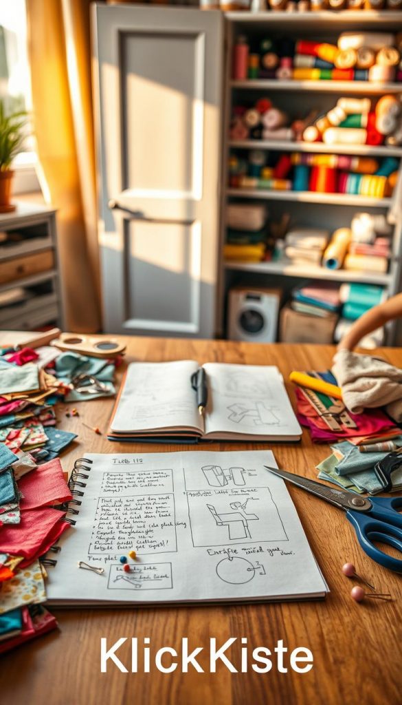A beautifully arranged workspace showcasing a material list for DIY projects with fabric scraps. In the foreground, an organized table displays colorful pieces of fabric in various textures and patterns, scissors, pins, and a ruler scattered creatively. The middle ground features a notebook with sketches and notes for project planning, illuminated by warm, natural light from a nearby window, creating a cozy atmosphere. The background is a softly blurred view of a well-stocked craft cabinet, highlighting vibrant threads and additional tools. The overall mood is inspiring and inviting, reflecting a DIY spirit. The brand "KlickKiste" subtly integrated into the scene, enhancing the authenticity and warmth of the image.