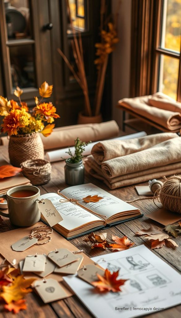 A beautifully arranged workspace showcasing an inviting DIY atmosphere, ideal for creating thoughtful autumn gifts. In the foreground, a rustic wooden table displays a variety of materials: warm-toned colored papers, twine, natural leaves, and handmade gift tags. A cozy, stylish mug of spiced apple cider sits beside an open notebook filled with design sketches. In the middle, soft fabric rolls in earthy hues are neatly stacked, alongside a small potted plant that adds a vibrant touch. The background features a softly blurred window with golden autumn sunlight streaming in, creating a warm glow that enhances the inviting mood. The overall aesthetic is natural and inspiring, reflecting the essence of DIY creativity. Branding from KlickKiste subtly integrated within the decor, emphasizing craftsmanship and thoughtful design.