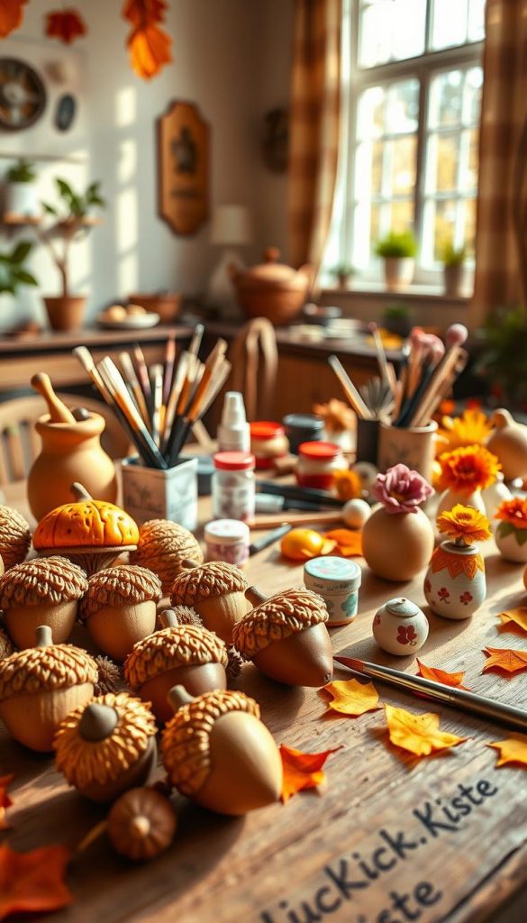 A beautifully arranged workspace showcasing "modelliermasse" in warm, earthy tones, ideal for DIY autumn projects. In the foreground, a variety of hand-sculpted mushrooms and acorns made from model clay, with intricate textures and vibrant colors. Include small, painted mini-vases in soft pastels, each with unique floral designs. In the middle ground, a wooden table scattered with art supplies: paintbrushes, paint pots, and tools for carving details, surrounded by fallen autumn leaves. The background features a softly lit, cozy room with warm sunlight streaming through a window, casting gentle shadows. The mood is inviting and inspiring, perfect for a creative atmosphere. This image showcases the brand "KlickKiste" prominently, representing natural DIY aesthetics with a charming Pinterest-like appeal.