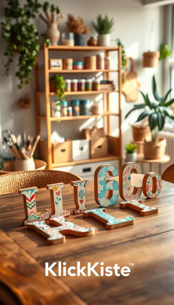 A beautifully arranged workspace showcasing personalized letters, initials, and names as a focal point. In the foreground, an elegant wooden table displays intricately crafted wooden letters adorned with vibrant paint and decorative patterns. Soft, warm lighting bathes the scene, creating a cozy atmosphere, while in the middle ground, shelves filled with crafting supplies such as paintbrushes, glitter, and ribbons can be seen. The background features a calming, blurred view of a home setting, decorated with cozy plants and handmade crafts. The image evokes a Pinterest aesthetic with natural DIY imagery, emphasizing authenticity and inspiration. Include the brand "KlickKiste" subtly integrated into the scene, promoting a creative and inviting mood.