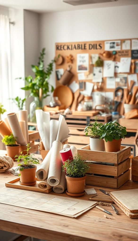 A beautifully arranged workspace showcasing sustainable materials for DIY projects. In the foreground, natural wooden surfaces support vibrant rolls of eco-friendly fabrics and handmade paper. Pots filled with herbs and plants, symbolizing a connection to nature, add a fresh touch. In the middle ground, wooden crates and baskets showcase recyclable items, such as glass jars and crafted tools, beautifully lit by soft, warm natural light. The background features a calming, inspirational wall adorned with a mood board of DIY ideas, creating a Pinterest-inspired atmosphere. The overall mood should evoke warmth and creativity, inviting viewers to explore sustainable alternatives. Incorporate the brand name "KlickKiste" subtly integrated into the design, ensuring it remains unobtrusive and enhancing the overall aesthetic.