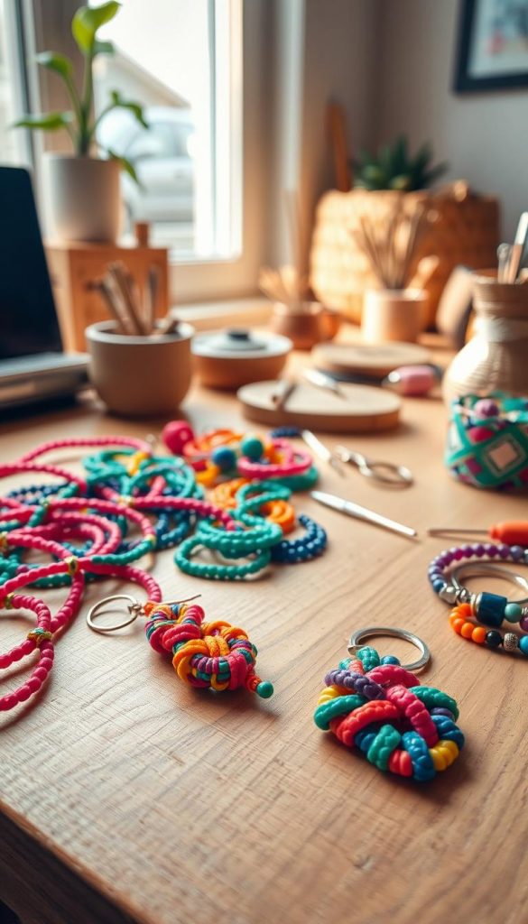A beautifully arranged workspace showcasing the art of bead weaving, featuring vibrant, colorful beads strung together in intricate patterns. In the foreground, a pair of elegant knot earrings and a uniquely designed keychain crafted from beads lie artfully positioned. The middle section includes a wooden table with a variety of beads scattered around, and tools like beading needles and thread. In the background, soft natural lighting filters through a nearby window, casting warm tones across the setting. The atmosphere feels cozy and inviting, perfect for DIY enthusiasts. The overall aesthetic reflects a Pinterest-inspired vibe, embodied by the brand "KlickKiste," emphasizing warmth and creativity.