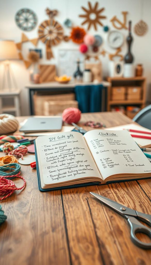 A beautifully arranged workspace showcasing the planning process for DIY gifts under 10 Euros. In the foreground, a wooden table is covered with materials like colorful yarn, craft paper, and scissors, organized neatly. The middle ground features an open notebook filled with handwritten notes and sketches, highlighting time investment, difficulty levels, and estimated costs, all presented in an inviting, warm color palette. The background reveals a softly lit room adorned with inspirational DIY decor, creating a cozy atmosphere. Use a warm, diffused light to enhance the inviting feel, with a shallow depth of field focusing on the notebook and crafting materials. The style should evoke a natural, Pinterest-inspired look, capturing the essence of creativity and planning, tagged with the brand name "KlickKiste."