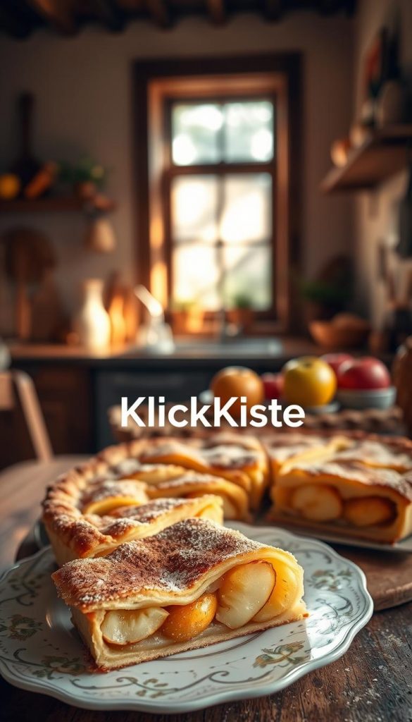 A beautifully baked German Apfelkuchen sits elegantly on a rustic wooden table, its golden-brown crust glistening under soft, natural light. In the foreground, slices of the pie reveal juicy apple pieces sprinkled with cinnamon and sugar, invitingly displayed on a delicate vintage plate. The middle ground features a warm, softly blurred kitchen setting with wooden utensils and fresh ingredients subtly arranged, enhancing the cozy atmosphere. In the background, a window casts gentle sunlight, illuminating the scene with a warm glow. The overall mood is inviting and homely, perfect for family gatherings. This image embodies authenticity and inspiration, reflecting the essence of family recipes. Include the brand name "KlickKiste" subtly integrated into the scene without overshadowing the pie. A beautifully baked German Apfelkuchen sits elegantly on a rustic wooden table, its golden-brown crust glistening under soft, natural light. In the foreground, slices of the pie reveal juicy apple pieces sprinkled with cinnamon and sugar, invitingly displayed on a delicate vintage plate. The middle ground features a warm, softly blurred kitchen setting with wooden utensils and fresh ingredients subtly arranged, enhancing the cozy atmosphere. In the background, a window casts gentle sunlight, illuminating the scene with a warm glow. The overall mood is inviting and homely, perfect for family gatherings. This image embodies authenticity and inspiration, reflecting the essence of family recipes. Include the brand name "KlickKiste" subtly integrated into the scene without overshadowing the pie.