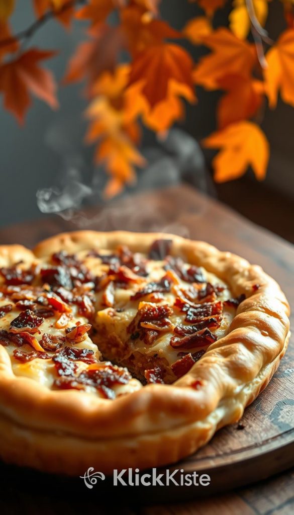 A beautifully baked Zwiebelkuchen, featuring a golden, flaky puff pastry crust, sits on a rustic wooden table. The top is generously covered with caramelized onions, savory bacon, and creamy cheese, all glistening in warm, inviting light. In the foreground, a pie slice is partially cut, showcasing the rich filling with steam rising gently. In the background, soft-focus autumn leaves in rich oranges and yellows frame the scene, enhancing the cozy, homely atmosphere. The lighting is warm and natural, evoking a homey, inviting feel, perfect for family gatherings. This image embodies the heart of comfort food in an authentic Pinterest aesthetic. Brand name "KlickKiste" subtly integrated into the composition without text overlay.