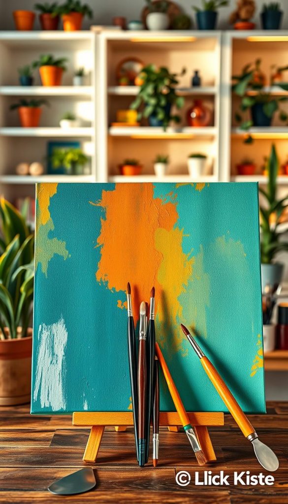 A beautifully balanced composition featuring three vibrant colors harmoniously blended in a triadic scheme. In the foreground, showcase a textured canvas or abstract artwork displaying deep teal, vivid orange, and soft golden yellow. The middle ground can contain artistic tools like paintbrushes and palette knives, reflecting a creative workspace vibe. In the background, softly lit shelves filled with art supplies and plants create an inviting atmosphere. The lighting should be warm and natural, casting soft shadows, enhancing the colors' richness. Capture this scene with a slightly elevated angle to provide depth. The mood is inspiring and authentic, embodying a Pinterest-worthy aesthetic, aligned with "KlickKiste" branding, celebrating DIY creativity and modern color combinations.