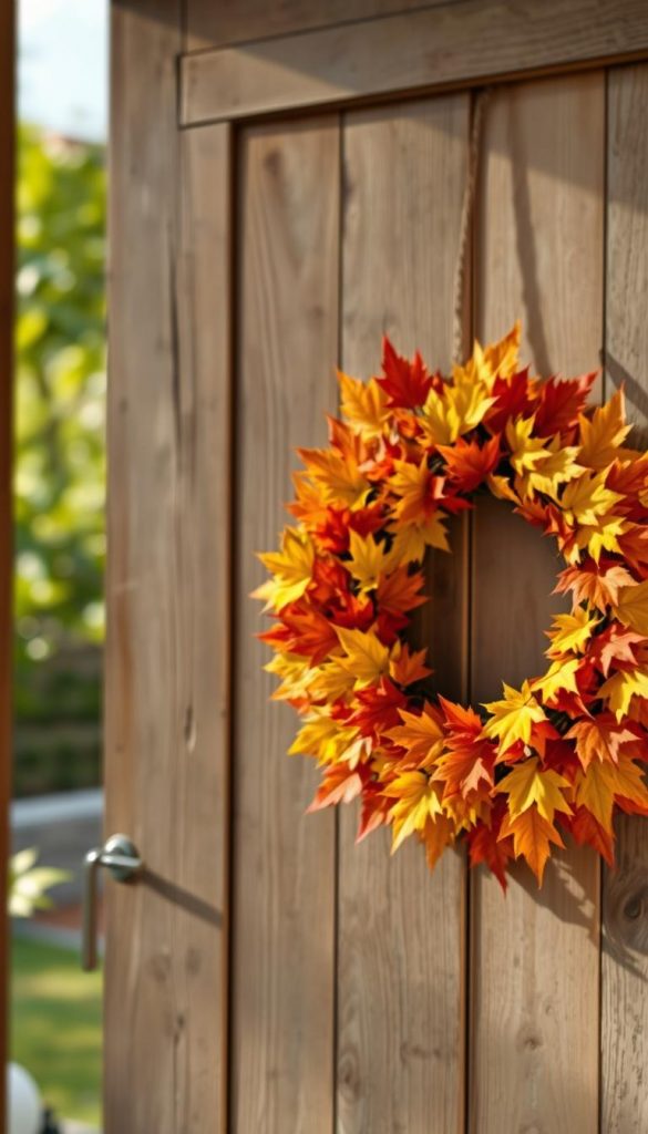 A beautifully crafted "Blätterkranz" displayed elegantly on a rustic wooden door, adorned with vibrant autumn leaves in shades of orange, yellow, and red. In the foreground, the leaves are intricately arranged, creating a lush, textured appearance. The middle ground features a soft focus on the door's aged wood grain, enhancing the warm and inviting atmosphere. In the background, hints of a sunlit garden with blurred green foliage contribute to the serene autumn mood. The scene is illuminated with soft, natural lighting, casting gentle shadows and highlights on the leaves. This image embodies a cozy, DIY spirit perfect for a Pinterest-inspired autumn decoration. Brand name: KlikKiste.