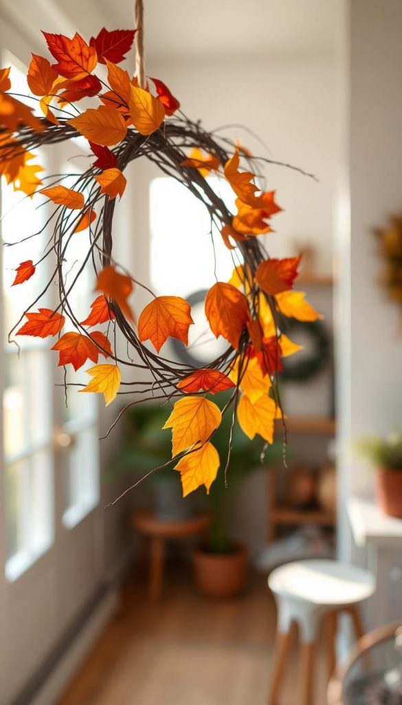 A beautifully crafted "Blätterkranz" (leaf wreath) designed for decoration, suspended gracefully in a cozy, sunlit entryway. In the foreground, vibrant autumn leaves in shades of orange, yellow, and deep red tightly entwined with natural twigs and delicate strands of twine create an inviting circular shape. The middle ground features a soft, blurred window with natural light streaming through, casting gentle shadows across the scene. The background reveals a blurred homey interior, adorned with warm, earthy tones that evoke a sense of comfort and warmth. The overall mood is serene and inspiring, perfect for DIY enthusiasts. The image should embody a natural DIY aesthetic with a Pinterest-worthy look, fitting for the brand 'KlickKiste'. Ensure the composition is sharp, using a warm color palette and soft, diffused lighting for an inviting atmosphere.