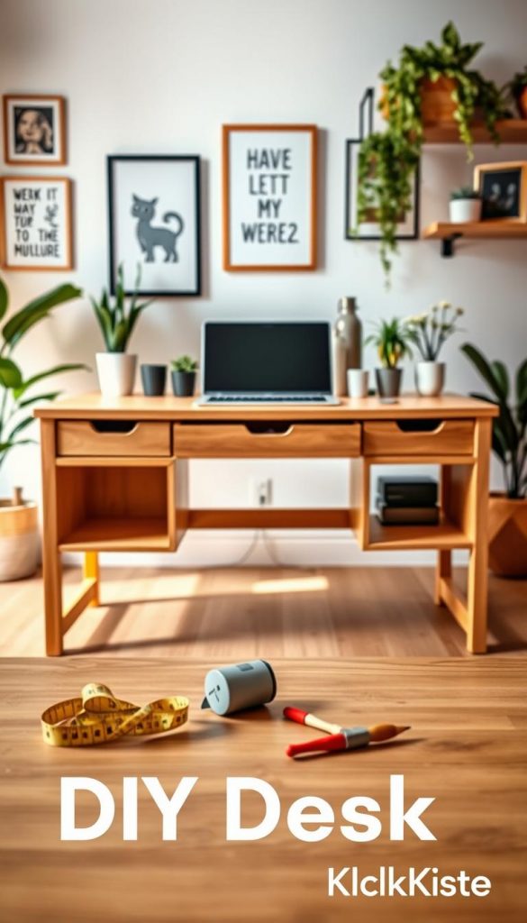 A beautifully crafted DIY desk designed for beginners, featuring a minimalist aesthetic with clean lines and warm wood tones. The desk should have convenient storage solutions, showcasing open shelving and drawers seamlessly integrated into the design. In the foreground, place various DIY tools like a tape measure and a small paintbrush to add an authentic, hands-on feel. In the middle ground, show the desk against a softly lit wall adorned with inspirational artwork and indoor plants, providing a warm and inviting atmosphere. The background should feature a cozy, well-lit room with natural light streaming in through a window, enhancing the overall inviting vibe. The image should embody a Pinterest-inspired look, reflecting creativity and a DIY spirit, branded as "KlickKiste."