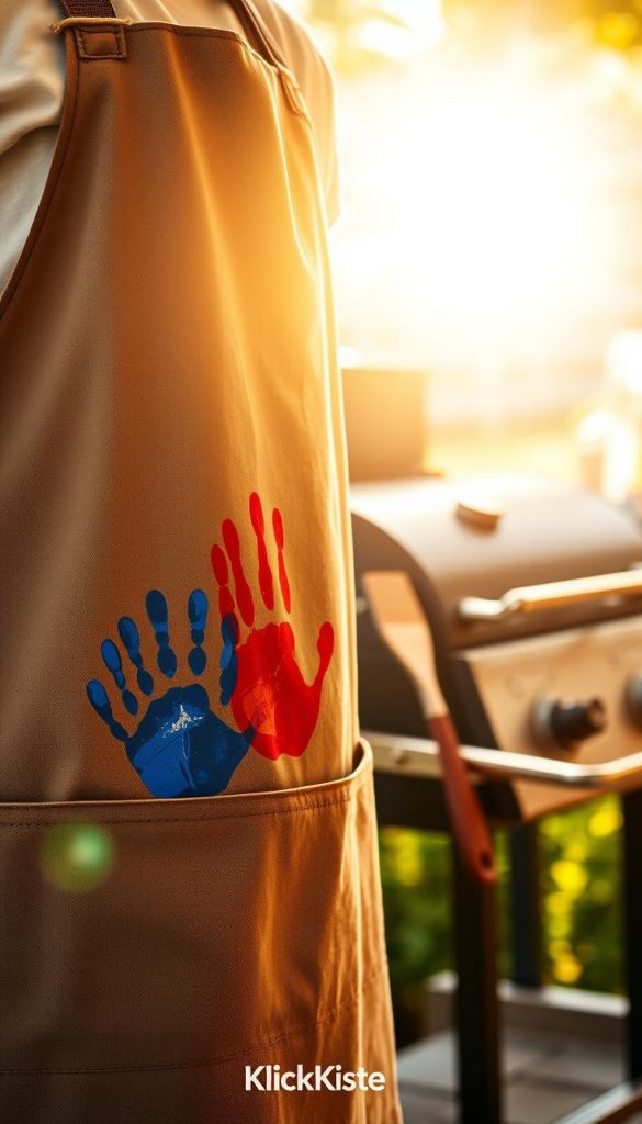 A beautifully crafted DIY grill apron featuring handprints in vibrant colors, symbolizing a personal touch for a grill master. The apron is prominently displayed in the foreground, capturing the textures of the fabric and the painted handprints vividly. In the middle ground, tools like a spatula and basting brush are artfully arranged, hinting at a grilling theme. The background shows a sunlit outdoor setting with a hint of a barbecue grill and greenery, creating a warm, inviting atmosphere. Soft, natural lighting enhances the warm color palette, adding a cozy feeling that evokes family gatherings and father-child bonding. The composition embodies an authentic, Pinterest-inspired aesthetic, celebrating the joy of DIY gifts, branded with “KlickKiste”.
