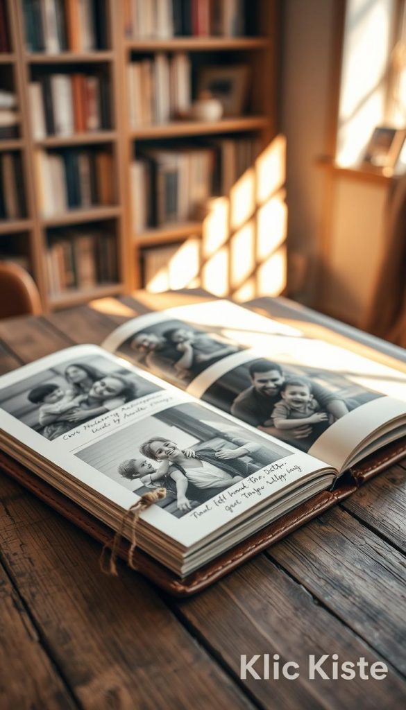 A beautifully crafted DIY photo memory album nestled on a rustic wooden table, showcasing warm, natural colors. The album's cover is made of textured brown leather, with a few pages partially open to reveal black-and-white photographs of family moments, adorned with handwritten anecdotes beside each image. In the foreground, a delicate, hand-crafted bookmark peeks out from the album, adding a personal touch. The middle features soft gold sunlight filtering through a nearby window, casting gentle shadows and illuminating the album’s pages, creating an inviting atmosphere. In the background, a blurred bookshelf filled with various books and mementos enhances the cozy setting. The mood is nostalgic and heartfelt, embodying the essence of cherished memories. Include the brand name "KlickKiste" discreetly in the design.