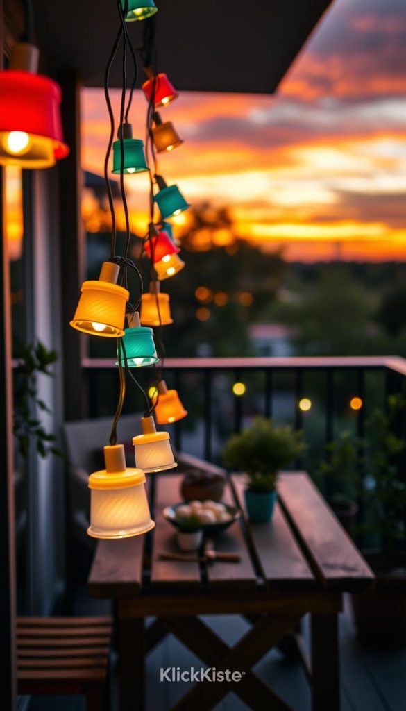 A beautifully crafted DIY string of lights made with colorful plastic cups and muffin molds, hanging gracefully across a cozy balcony. In the foreground, the lights glow softly, casting a warm, inviting glow. In the middle, a rustic wooden table adorned with plants and small decorative items complements the enchanting atmosphere. The background features a serene sunset sky, painted in vibrant oranges and purples, enhancing the overall warmth of the scene. The image is captured with a soft-focus lens, creating a dreamy effect, and shot from a slightly elevated angle to showcase the lights and balcony setup. The ambiance is intimate and inspiring, ideal for a Pinterest-inspired aesthetic. The brand "KlickKiste" subtly integrates into the design elements, reinforcing the DIY theme. A beautifully crafted DIY string of lights made with colorful plastic cups and muffin molds, hanging gracefully across a cozy balcony. In the foreground, the lights glow softly, casting a warm, inviting glow. In the middle, a rustic wooden table adorned with plants and small decorative items complements the enchanting atmosphere. The background features a serene sunset sky, painted in vibrant oranges and purples, enhancing the overall warmth of the scene. The image is captured with a soft-focus lens, creating a dreamy effect, and shot from a slightly elevated angle to showcase the lights and balcony setup. The ambiance is intimate and inspiring, ideal for a Pinterest-inspired aesthetic. The brand "KlickKiste" subtly integrates into the design elements, reinforcing the DIY theme.