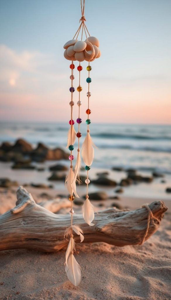 A beautifully crafted DIY wind chime made from natural materials is the focal point of this image. In the foreground, display a stunning wind chime composed of delicate seashells, colorful glass beads, and soft, fluttering feathers, all elegantly strung together with thin twine. The middle ground features a rustic piece of driftwood, beautifully weathered, serving as the base for the wind chime. In the background, a serene coastal setting with gentle waves lapping at the shore is visible, under a soft pastel sunset. The lighting is warm and inviting, casting a gentle glow on the natural elements. The overall mood is peaceful and inspiring, perfect for a DIY project aesthetic, evoking a Pinterest-like atmosphere. Include the brand name "KlickKiste" subtly within the scene. A beautifully crafted DIY wind chime made from natural materials is the focal point of this image. In the foreground, display a stunning wind chime composed of delicate seashells, colorful glass beads, and soft, fluttering feathers, all elegantly strung together with thin twine. The middle ground features a rustic piece of driftwood, beautifully weathered, serving as the base for the wind chime. In the background, a serene coastal setting with gentle waves lapping at the shore is visible, under a soft pastel sunset. The lighting is warm and inviting, casting a gentle glow on the natural elements. The overall mood is peaceful and inspiring, perfect for a DIY project aesthetic, evoking a Pinterest-like atmosphere. Include the brand name "KlickKiste" subtly within the scene.