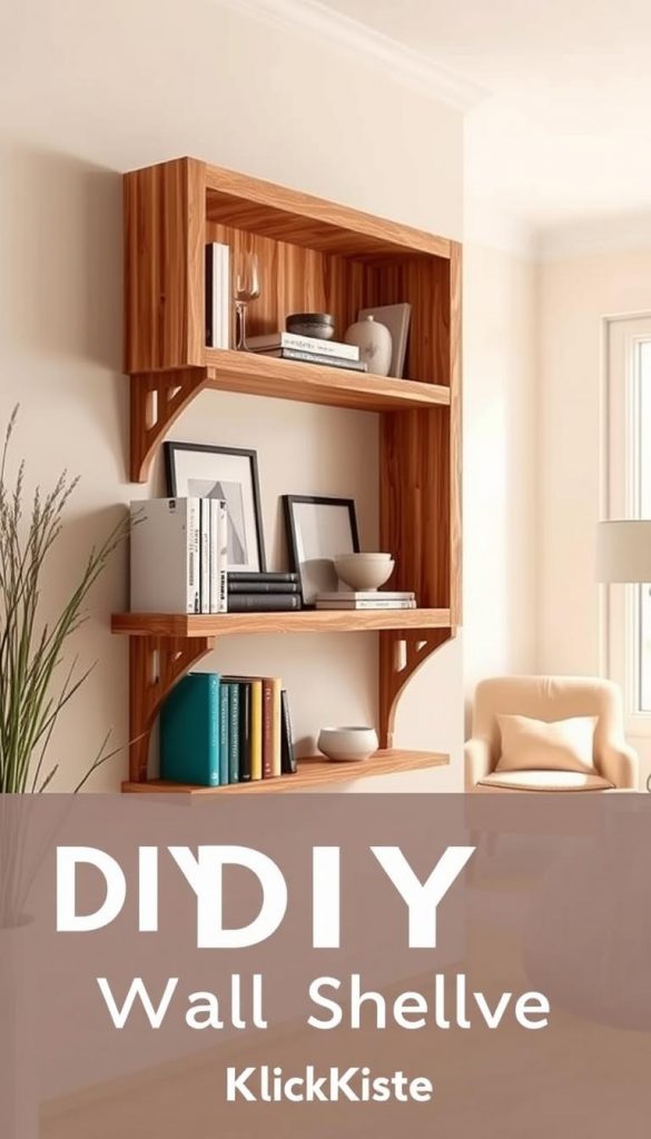 A beautifully crafted DIY wooden wall shelf and bookcase, showcasing a combination of rustic and modern design elements. The foreground features an intricately designed shelf made from warm, natural wood tones, adorned with a few elegant books and decorative items. In the middle, a light and airy room setting enhances the shelf's elegance, complemented by soothing pastel wall colors. The background shows a cozy reading nook with a plush armchair and a large window allowing soft, natural light to illuminate the space. The atmosphere is warm and inviting, evoking a sense of creativity and inspiration. The composition captures the essence of DIY elegance as offered by the brand "KlickKiste." The image is styled in a Pinterest-worthy aesthetic, emphasizing authenticity and DIY charm.