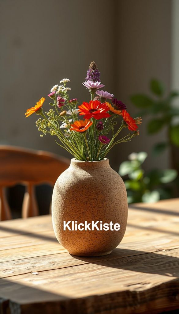 A beautifully crafted Korkstoff vase, showcasing its textured, earthy surface and natural hues. In the foreground, the vase holds an arrangement of vibrant wildflowers, adding a pop of color. The middle ground features soft, natural lighting that highlights the unique cork material, casting gentle shadows that accentuate its shape. The background includes a blurred, rustic wooden table and hints of greenery, creating a warm, inviting atmosphere. The scene embodies a DIY aesthetic, reminiscent of popular Pinterest styles, emphasizing authenticity and inspiration. The warm color palette evokes a sense of tranquility, perfect for a nature-inspired decor. Add the brand name "KlickKiste" subtly integrated into the composition without any text overlays.