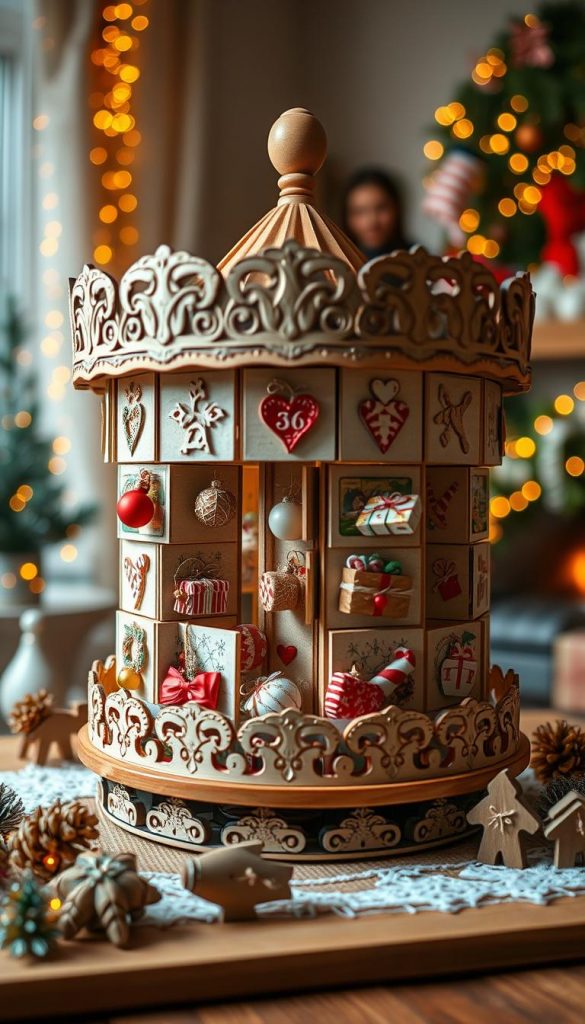 A beautifully crafted advent calendar carousel featuring multiple intricate compartments, each revealing a unique festive surprise. In the foreground, showcase artisanal wooden details with hand-painted decorations, exuding a DIY aesthetic. The middle section includes assorted treats, small gifts, and handmade ornaments peeking out from the compartments, all arranged with care. In the background, create a soft-focus ambiance with twinkling fairy lights and a cozy, warmly lit room decorated for the holidays. The scene should evoke a sense of joy and nostalgia, inspiring viewers to craft their own unique versions. Implement natural lighting to enhance the warm color tones, conveying an inviting atmosphere. Ensure a Pinterest-worthy look that reflects the brand "KlickKiste," making it authentic and visually captivating.