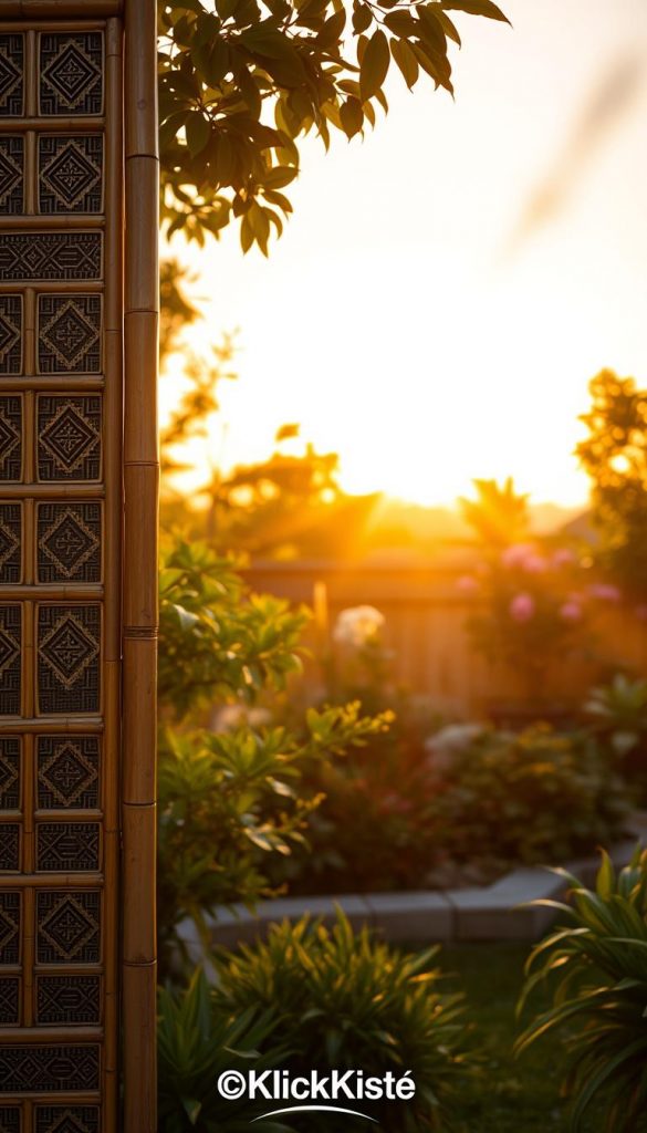 A beautifully crafted bamboo privacy screen stands in the foreground, showcasing intricate patterns and textures. In the middle, a tranquil backyard scene unfolds, featuring vibrant green plants and soft, flowering shrubs that add a splash of color. In the background, the warm rays of a golden sunset create a serene atmosphere, casting gentle shadows and highlighting the organic lines of the bamboo structure. The image is captured at a slightly elevated angle to emphasize the privacy screen's height and craftsmanship. The lighting is warm and inviting, promoting a cozy and inspiring DIY vibe, evoking a sense of tranquility and creativity. The overall mood is homey and natural, perfect for a DIY project aesthetic. The brand name "KlickKiste" subtly integrated in the scene.
