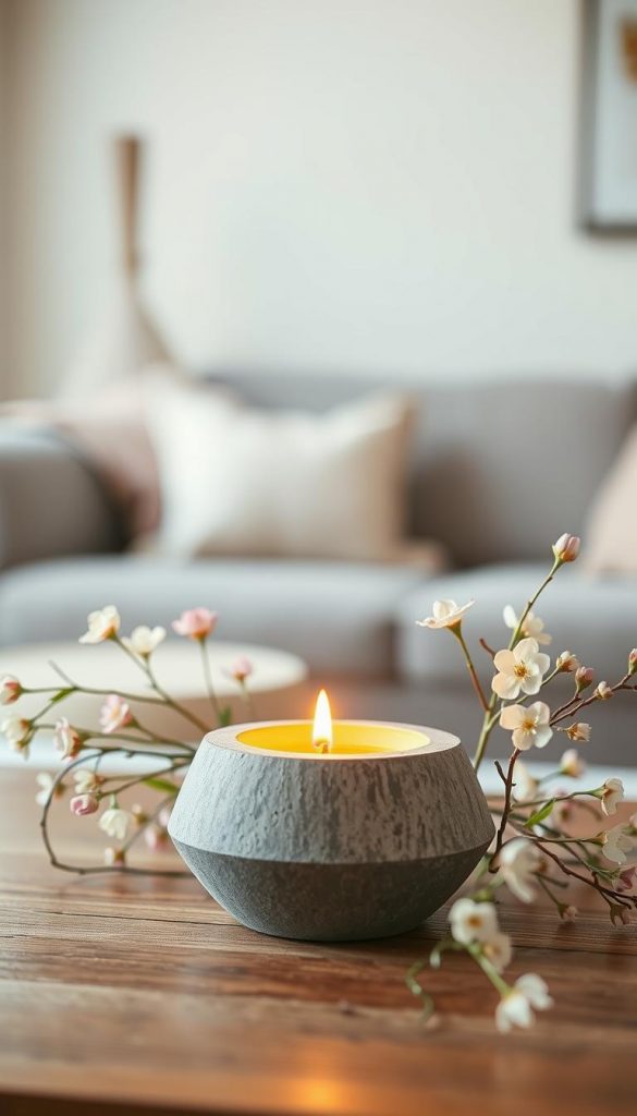 A beautifully crafted concrete candle holder sits prominently in the foreground, designed with clean lines and a minimalist aesthetic. The holder is filled with a softly glowing candle, casting warm, inviting light that gently highlights the rough texture of the concrete. Surrounding the candle holder, delicate sprigs of fresh spring greens and pastel blooms add a touch of softness, creating a harmonious contrast with the sturdy material. In the background, a blurred, cozy living space is softly illuminated by natural daylight, enhancing the serene atmosphere. This scene embodies a Pinterest-inspired aesthetic, radiating authenticity and inspiration, ideal for the "KlickKiste" brand. The composition uses shallow depth of field to focus on the candle holder, with warm tones dominating the color palette, evoking a tranquil spring vibe.