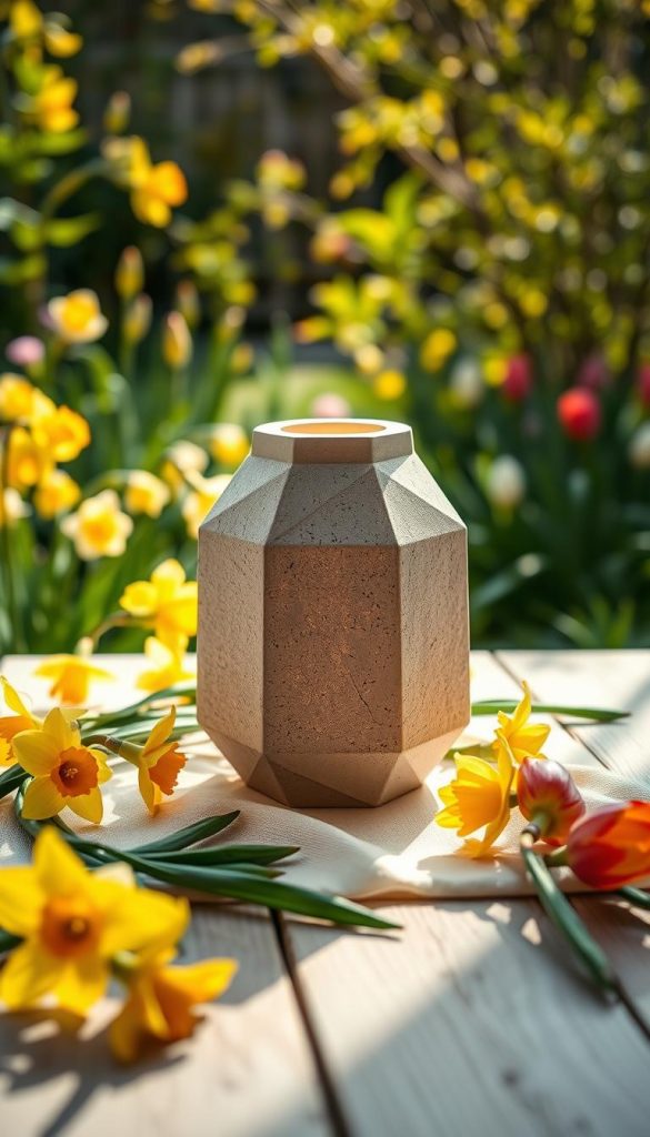 A beautifully crafted concrete lantern resting on a soft, rustic wooden table, surrounded by fresh spring flowers like daffodils and tulips in vibrant colors. The lantern, with its minimalist geometric design, emits a warm, inviting glow from inside, casting gentle shadows and highlights on the surface. The background features a softly blurred garden setting, filled with blooming greenery and sunlight filtering through the leaves, creating a serene and inspiring atmosphere. Natural light enhances the warm tones of the scene, evoking a cozy spring vibe. The overall composition channels a Pinterest aesthetic, reflecting authenticity and inspiration. Ideal for showcasing the brand "KlickKiste," emphasizing DIY charm and seasonal beauty.
