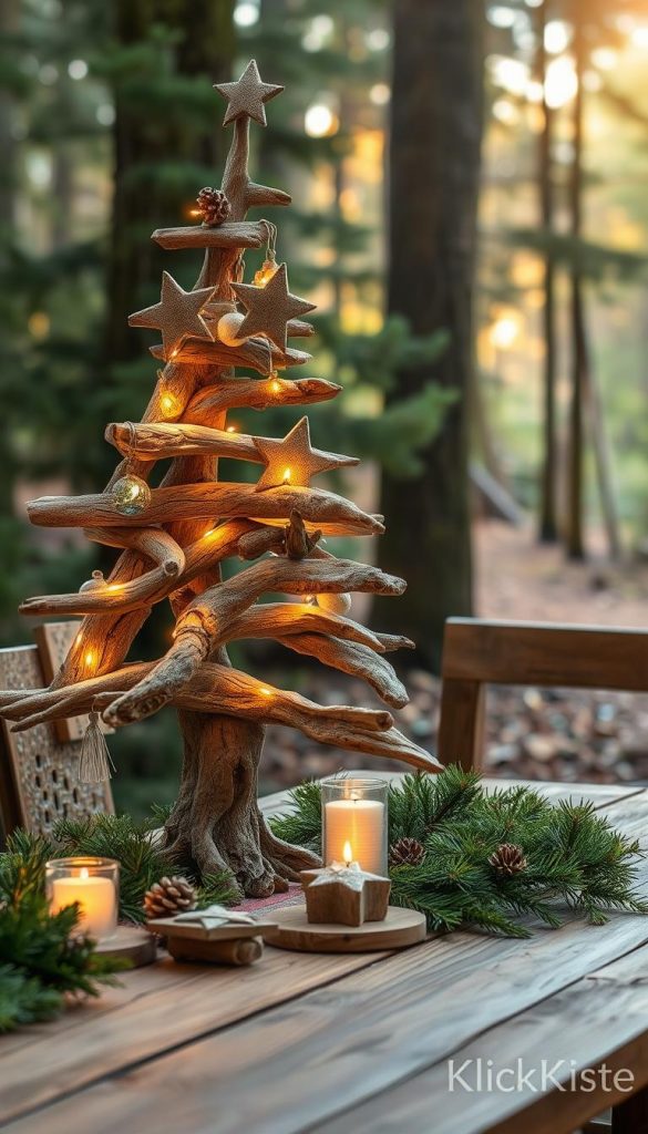 A beautifully crafted driftwood Christmas tree stands proudly in the foreground, made from various pieces of weathered wood, showcasing their natural textures and hues. Each branch is adorned with rustic ornaments, twinkling warm white fairy lights, and some with handmade stars made from natural materials. In the middle ground, a cozy wooden table features flickering candles nestled in star-shaped holders, casting a soft glow. Surrounding the scene, lush green pine branches and pine cones create a forest-like atmosphere. The background has a softly blurred view of a serene woodland, with gentle sunlight filtering through the trees, enhancing the warm, inviting mood. The image is styled in a Pinterest aesthetic, aiming for an authentic and inspiring look, branded with "KlickKiste".