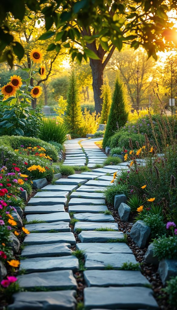 A beautifully crafted garden path (gartenweg) winding through a lush, vibrant garden. In the foreground, natural stone pavers are interspersed with colorful wildflowers, creating a charming, rustic effect. The middle ground displays a variety of plants and trees, including tall sunflowers and dwarf evergreens, adding depth and character. In the background, soft golden sunlight filters through the leaves, casting warm, inviting light across the scene. The atmosphere is serene and inspirational, evoking a Pinterest-worthy DIY project vibe. The composition is captured with a slight depth of field, focusing on the details of the path while softly blurring the background for a dreamy effect. The image embodies the essence of creativity and nature, with the brand name "KlickKiste" subtly implied through the artistry of the scene. A beautifully crafted garden path (gartenweg) winding through a lush, vibrant garden. In the foreground, natural stone pavers are interspersed with colorful wildflowers, creating a charming, rustic effect. The middle ground displays a variety of plants and trees, including tall sunflowers and dwarf evergreens, adding depth and character. In the background, soft golden sunlight filters through the leaves, casting warm, inviting light across the scene. The atmosphere is serene and inspirational, evoking a Pinterest-worthy DIY project vibe. The composition is captured with a slight depth of field, focusing on the details of the path while softly blurring the background for a dreamy effect. The image embodies the essence of creativity and nature, with the brand name "KlickKiste" subtly implied through the artistry of the scene.
