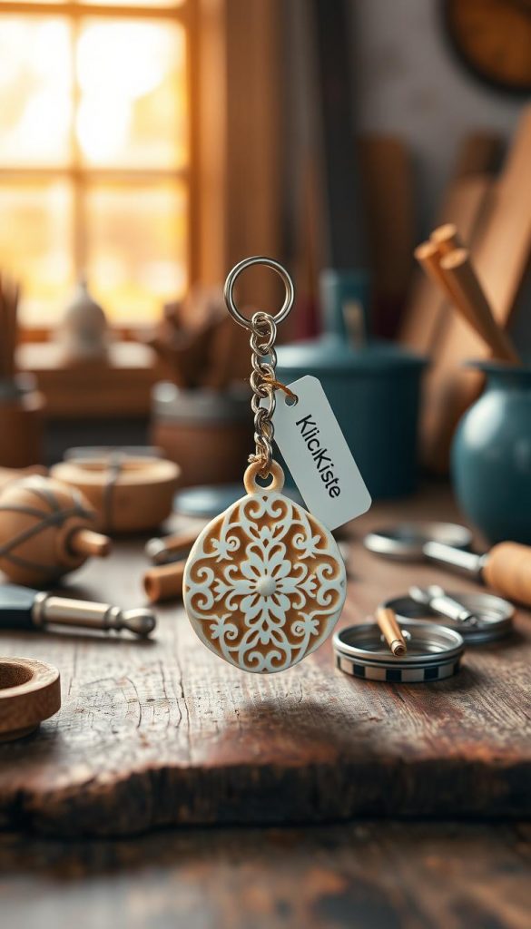 A beautifully crafted, handmade keychain made from cold porcelain or clay is the focal point of the image, showcasing intricate designs and a natural warm color palette. This keychain hangs on a rustic wooden surface, surrounded by tools and materials, conveying a DIY aesthetic. In the background, soft natural lighting filters through a window, creating a cozy atmosphere that highlights the craftsmanship. The scene evokes inspiration and warmth, perfect for a homemade gift concept. The brand name "KlickKiste" is subtly incorporated into the scene, perhaps as a tag on the keychain. Capture this moment from a top-down angle, emphasizing the artisanal details and inviting viewers into the world of creative gift-making.