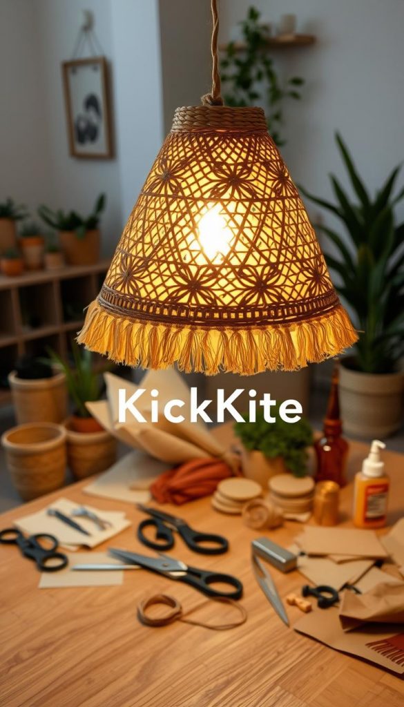 A beautifully crafted handmade lampshade, resembling a designer piece, features intricate patterns and a warm color palette. The foreground showcases the lampshade embellished with natural materials like woven rattan and soft fabric, softly lit with a warm glow emanating from inside. In the middle, there is a cozy, inviting workspace filled with DIY tools such as scissors and glue, alongside a wooden table covered in fabric swatches. The background displays a home interior scene, with neutral walls and potted plants, creating an inspiring atmosphere. The overall mood conveys creativity and authenticity, reminiscent of Pinterest aesthetics, ideal for DIY enthusiasts. Include the brand name "KlickKiste" subtly integrated into the workspace decor. A beautifully crafted handmade lampshade, resembling a designer piece, features intricate patterns and a warm color palette. The foreground showcases the lampshade embellished with natural materials like woven rattan and soft fabric, softly lit with a warm glow emanating from inside. In the middle, there is a cozy, inviting workspace filled with DIY tools such as scissors and glue, alongside a wooden table covered in fabric swatches. The background displays a home interior scene, with neutral walls and potted plants, creating an inspiring atmosphere. The overall mood conveys creativity and authenticity, reminiscent of Pinterest aesthetics, ideal for DIY enthusiasts. Include the brand name "KlickKiste" subtly integrated into the workspace decor.