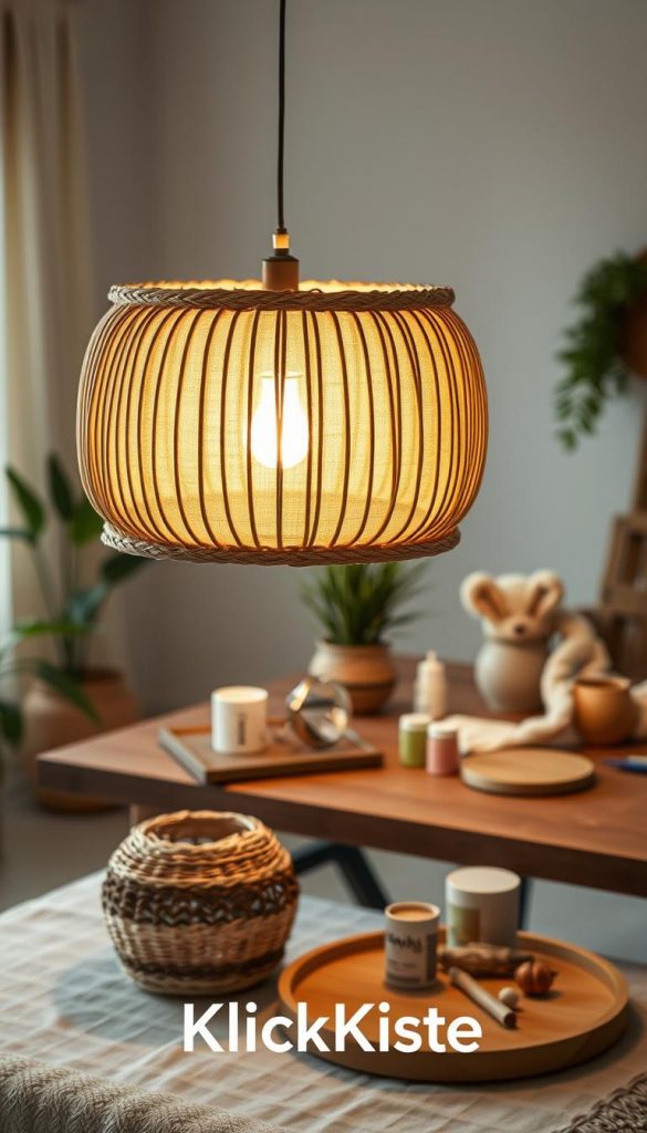 A beautifully crafted lampenschirm, showcasing a blend of natural materials like woven rattan and soft fabric, sits prominently in the foreground. The lamp is illuminated by a warm, inviting glow that casts gentle shadows and highlights its intricate details. In the middle ground, a stylish wooden table adorned with DIY crafting tools, paint, and decorative elements enhances the creative atmosphere. The background features a softly lit room with neutral-toned walls and a touch of greenery, reminiscent of a Pinterest aesthetic. The overall mood is cozy and inspiring, ideal for DIY enthusiasts looking to create designer-like pieces. The brand name "KlickKiste" subtly blends into the natural setting, emphasizing authenticity and warmth, with a focus on creativity and design. A beautifully crafted lampenschirm, showcasing a blend of natural materials like woven rattan and soft fabric, sits prominently in the foreground. The lamp is illuminated by a warm, inviting glow that casts gentle shadows and highlights its intricate details. In the middle ground, a stylish wooden table adorned with DIY crafting tools, paint, and decorative elements enhances the creative atmosphere. The background features a softly lit room with neutral-toned walls and a touch of greenery, reminiscent of a Pinterest aesthetic. The overall mood is cozy and inspiring, ideal for DIY enthusiasts looking to create designer-like pieces. The brand name "KlickKiste" subtly blends into the natural setting, emphasizing authenticity and warmth, with a focus on creativity and design.