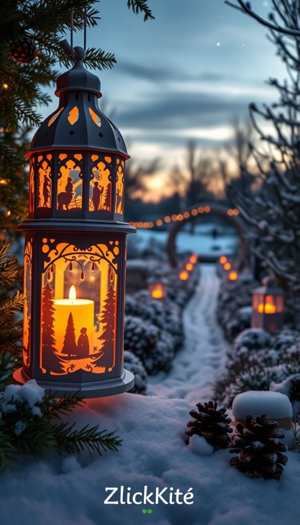 A beautifully crafted “laternen scherenschnitt” lantern, intricately designed with delicate paper cutouts depicting winter scenes, is placed prominently in the foreground, softly glowing with warm candlelight. Surrounding the lantern, lush greenery and pine cones enhance the cozy winter atmosphere. In the middle ground, an elegantly decorated garden pathway lined with smaller lanterns casts enchanting shadows on freshly fallen snow, inviting viewers to explore further. In the background, a serene winter evening sky is painted in soft hues of twilight, with twinkling stars beginning to emerge. The overall mood is warm and inviting, evoking a sense of nostalgia and joy during the holiday season. The image embodies a natural DIY aesthetic with Pinterest-inspired elements, while showcasing the brand "KlickKiste."