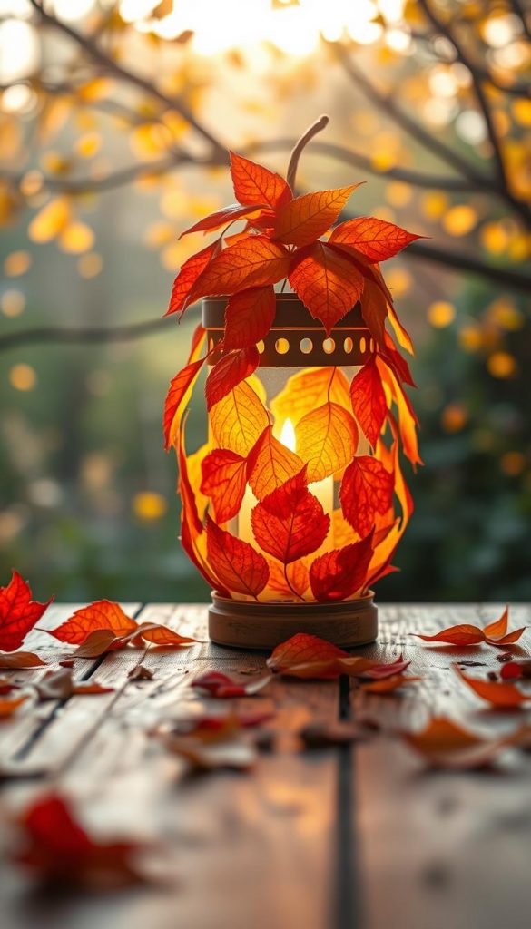 A beautifully crafted leaf lantern made from vibrant autumn leaves, delicately arranged to form a warm, glowing light. In the foreground, the lantern sits on a rustic wooden table, surrounded by scattered leaves in various shades of red, orange, and yellow. The middle ground features soft candlelight illuminating the lantern, casting gentle shadows that enhance the texture of the leaves. In the background, a blurred outdoor setting with hints of greenery and soft, golden sunlight filtering through branches creates a serene atmosphere. The entire scene showcases a natural DIY aesthetic with warm colors, evoking a cozy, inviting vibe. Styled for a Pinterest look, this image represents the creativity of DIY projects using nature. Brand name: KlickKiste.