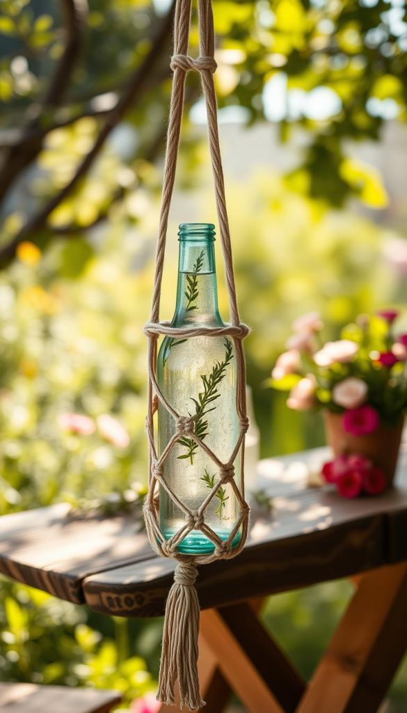 A beautifully crafted macrame bottle holder, intricately woven with soft natural fibers, elegantly hanging against a backdrop of a sunlit, cozy outdoor setting. In the foreground, the bottle holder cradles a vintage glass bottle filled with refreshing water, decorated with a few sprigs of fresh herbs. The middle ground features a rustic wooden table adorned with summer foliage and vibrant flowers, enhancing the warm, inviting atmosphere. In the background, soft-focus greenery and sunlight filtering through leaves create a dreamy outdoor ambiance. The overall mood is relaxed and inspiring, perfect for summer hydration. Shot with a warm color palette and natural lighting to echo a Pinterest aesthetic. Subtle branding for "KlickKiste" can be integrated harmoniously within the design, ensuring a cohesive look without detracting from the focus on the bottle holder. A beautifully crafted macrame bottle holder, intricately woven with soft natural fibers, elegantly hanging against a backdrop of a sunlit, cozy outdoor setting. In the foreground, the bottle holder cradles a vintage glass bottle filled with refreshing water, decorated with a few sprigs of fresh herbs. The middle ground features a rustic wooden table adorned with summer foliage and vibrant flowers, enhancing the warm, inviting atmosphere. In the background, soft-focus greenery and sunlight filtering through leaves create a dreamy outdoor ambiance. The overall mood is relaxed and inspiring, perfect for summer hydration. Shot with a warm color palette and natural lighting to echo a Pinterest aesthetic. Subtle branding for "KlickKiste" can be integrated harmoniously within the design, ensuring a cohesive look without detracting from the focus on the bottle holder.