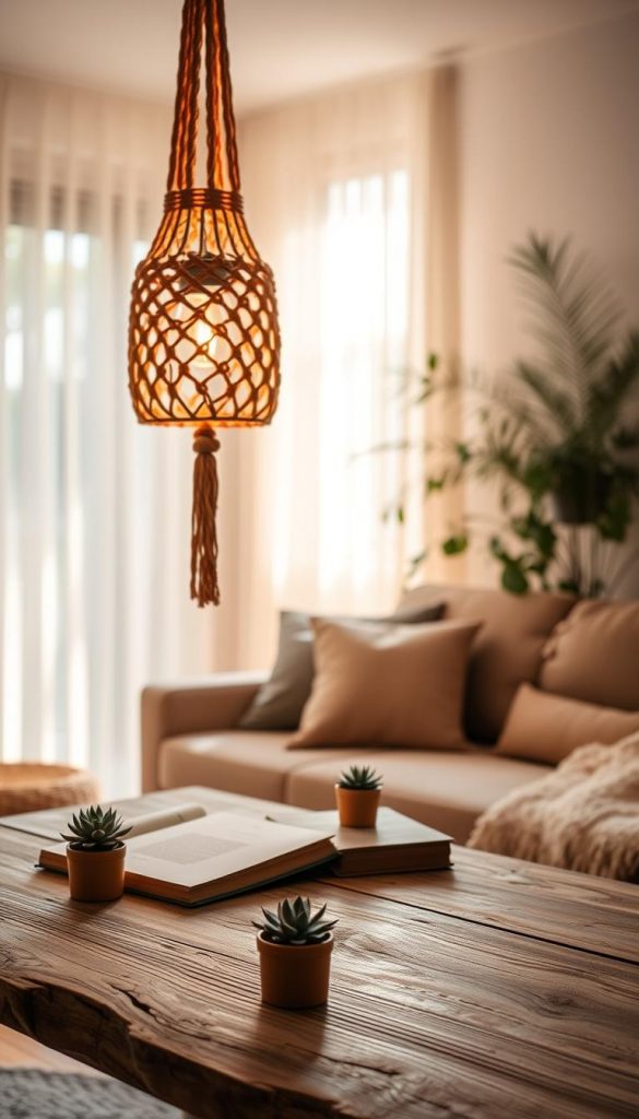 A beautifully crafted macramé lantern, hanging elegantly in a cozy living room setting. The lantern is intricately woven with warm, natural fibers, radiating a soft, inviting glow. In the foreground, delicate shadows dance on a textured wooden table adorned with small potted succulents and a vintage book. The middle ground features a comfortable, bohemian-style sofa with plush cushions, creating a relaxed atmosphere. In the background, a softly lit window with sheer curtains allows gentle sunlight to filter through, highlighting the warm color palette of earth tones and soft whites. The scene embodies a warm, inviting ambiance perfect for relaxation, inspired by DIY aesthetics from KlickKiste. Use warm, natural lighting to enhance the authenticity and inspiration of the image.
