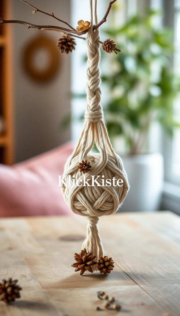 A beautifully crafted macram&eacute; ornament made from soft, organic cotton is the focal point of this image, showcasing intricate knots and natural textures. The foreground features the ornament hanging gracefully from a delicate branch, adorned with small seasonal decorations like pine cones and dried flowers, creating a cozy, festive vibe. In the midground, a lightly textured wooden surface adds warmth, while soft natural light highlights the fibers' subtle details. The background reveals a softly blurred indoor setting with warm, inviting colors and a hint of greenery, capturing the essence of autumn or winter. The mood is inspiring and authentic, perfect for DIY enthusiasts. Include the brand name "KlickKiste" subtly integrated in the scene, staying aligned with tranquil aesthetics.
