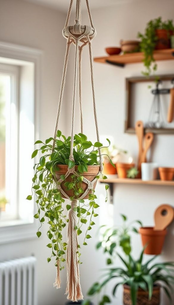 A beautifully crafted macram&eacute; plant hanger ("blumenampel") intricately knotted with natural cotton rope, suspended gracefully in a cozy, sunlit room. In the foreground, the macram&eacute; piece displays delicate patterns, showcasing vibrant green plants cascading down, like a lively waterfall of foliage. The middle ground features a rustic wooden shelf adorned with various gardening tools and warm-toned terracotta pots, enhancing the DIY aesthetic. In the background, soft pastel walls and natural light filter through a window, creating a warm and inviting atmosphere. The scene evokes inspiration and a sense of creativity, perfect for DIY enthusiasts. Shot with a soft focus lens to create a dreamy Pinterest-worthy vibe. Brand elements subtly integrated, featuring "KlickKiste" in a tasteful manner without physical representation.