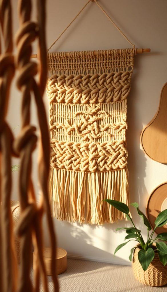 A beautifully crafted macraweave textile showcasing intricate woven patterns in warm earthy tones, framed gracefully to highlight its texture and depth. In the foreground, details of knots and fibers create a tactile sensation, while the middle ground presents the full macraweave tapestry, hung elegantly against a softly lit, neutral backdrop that enhances its natural beauty. The background features subtle hints of natural wood and greenery, evoking a cozy, inviting atmosphere perfect for DIY enthusiasts. The lighting is warm and diffused, mimicking natural sunlight to give the image an organic feel. Capture this captivating design style branded with &ldquo;KlickKiste&rdquo;, encouraging a sense of creativity and inspiration within the world of modern macrame.