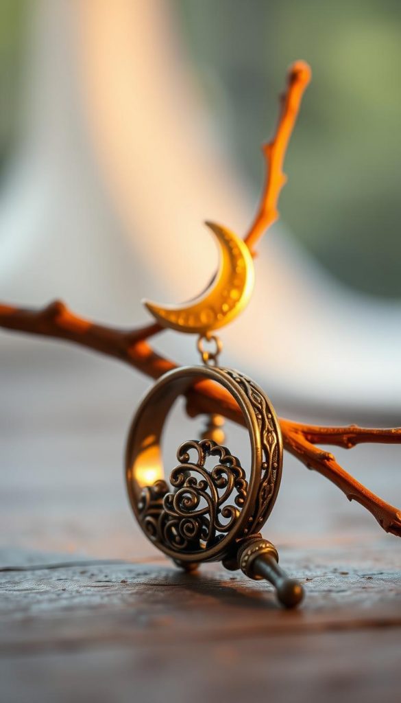 A beautifully crafted, ornate metal ring decoratively intertwined with a rustic branch, adorned with a delicate crescent moon element. The foreground showcases intricate details of the ring's embellishments, glistening in warm, natural light. In the middle ground, the branch extends gracefully, adding an organic touch, while the crescent moon glows softly, hinting at a mystical essence. The background features a blurred, dreamy setting that evokes a serene atmosphere, reminiscent of a cozy DIY project. The lighting is warm and inviting, emphasizing the textures of the metal and wood, creating an authentic and inspiring Pinterest aesthetic. This image embodies the essence of DIY creativity, reflecting the charming style of "KlickKiste".