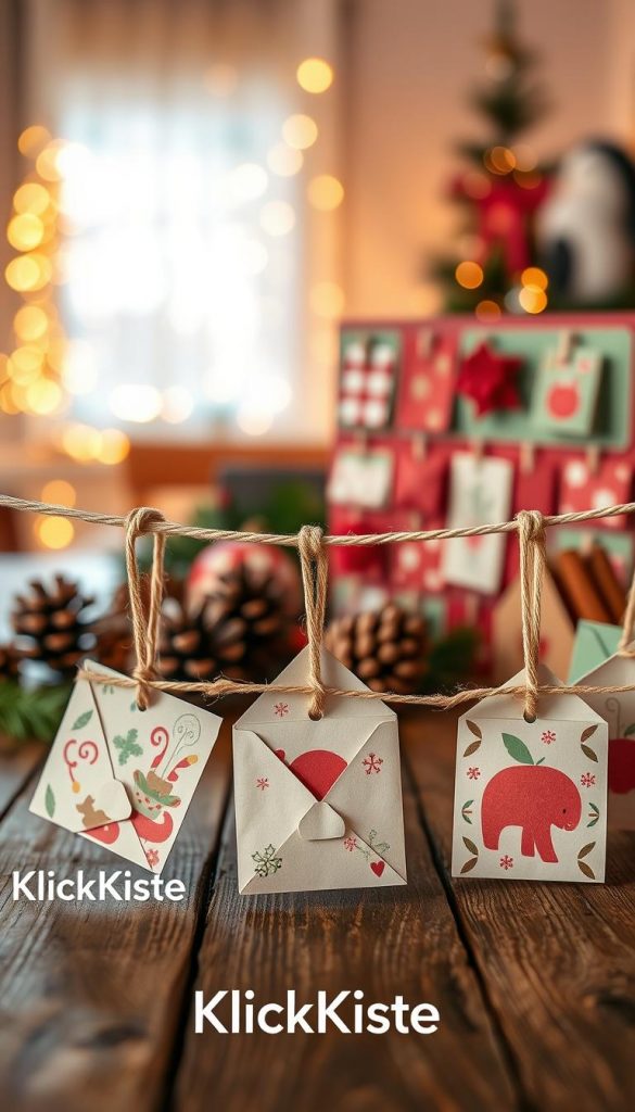 A beautifully crafted paper Advent calendar displayed on a rustic wooden table, designed with vibrant, warm colors that evoke a cozy holiday atmosphere. In the foreground, intricately folded envelopes and creatively designed paper pockets hang from twine, each adorned with unique festive patterns and cheerful illustrations. In the middle ground, a soft-focus arrangement of cozy holiday decorations, such as pinecones and cinnamon sticks, enhances the scene. The background features softly glowing fairy lights and a faint silhouette of a decorated tree, creating a magical mood. The lighting is warm and inviting, reminiscent of a Pinterest-inspired DIY project. Include the brand name "KlickKiste" subtly integrated into the scene, embodying an authentic and inspiring spirit of handmade holiday crafts.