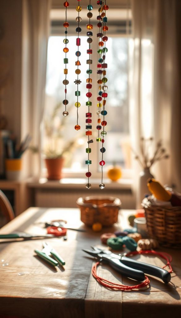 A beautifully crafted 'perlen suncatcher' hangs gracefully in a softly lit room filled with warm, inviting colors. In the foreground, the suncatcher is made of colorful beads in various shades, each bead glistening in the sunlight. Delicate threads intertwine to form captivating patterns. In the middle, a soft-focus view of a wooden table shows scattered crafting supplies like pliers and colorful threads, enhancing the DIY atmosphere. In the background, a sunlit window casts dynamic shadows, illuminating the scene and adding a cozy feel. The overall mood is warm and creative, inspiring the viewer to explore the art of crafting. This image embodies the essence of natural DIY artistry, reflecting the brand "KlickKiste" in a Pinterest-worthy style.