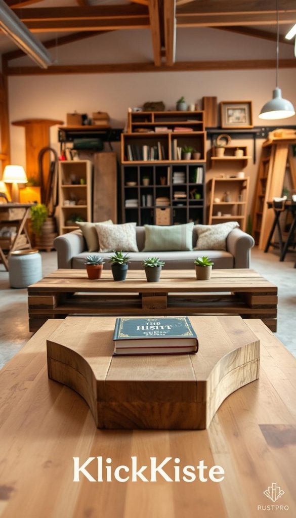 A beautifully crafted piece of furniture made from recycled pallet wood, showcasing a rustic yet modern design. The foreground features a carefully arranged coffee table with a smooth surface, slightly weathered edges, and a unique geometric shape, adorned with small potted plants and a vintage book. In the middle ground, there are additional upcycled wood items, such as a stylish bookshelf and a cozy seating area, emphasizing creativity in design. The background displays a softly-lit workshop with warm, ambient lighting, wooden beams, and tools, creating a productive DIY atmosphere. The scene evokes a sense of inspiration and authenticity, suitable for a Pinterest aesthetic. Emphasize the brand name "KlickKiste" through the furniture's design elements.