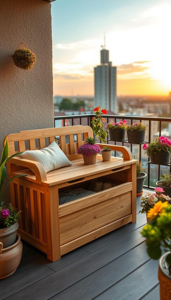 A beautifully crafted "sitzbox mit stauraum" showcased in a cozy balcony setting. In the foreground, the wooden storage bench is made from warm-toned, natural wood, featuring intricate details and a comfortable cushion in soft, neutral fabrics. The middle ground highlights potted plants and vibrant flowers, adding color and life to the scene. The background features a serene view overlooking a cityscape at sunset, enveloping the space in soft golden light. The atmosphere is warm and inviting, evoking a sense of relaxation and creativity. Captured with a wide-angle lens, the image emphasizes the bench's space-saving design while showcasing its multifunctional beauty. Ideal for a DIY project showcase from the brand "KlickKiste."