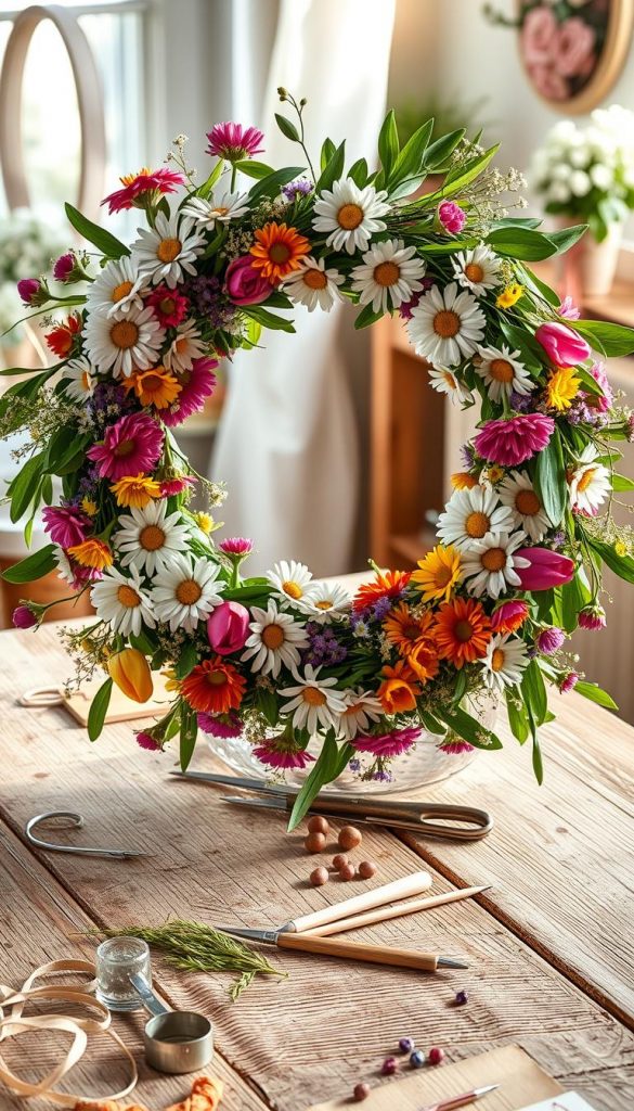 A beautifully crafted spring wreath, filled with vibrant flowers like daisies, tulips, and wildflowers, entwined with lush green leaves. The foreground features the wreath prominently displayed on a rustic wooden table, with delicate crafting tools scattered around, showcasing a DIY atmosphere. In the middle, soft natural light filters through a nearby window, casting gentle shadows and highlighting the colors of the flowers. The background includes hints of a cozy home setting, with light pastel colors and other spring decorations, enhancing the warm and inviting feel of the scene. The overall mood is inspiring and relaxing, evoking a sense of creativity and springtime joy, reminiscent of a Pinterest aesthetic—a perfect representation for “KlickKiste.” A beautifully crafted spring wreath, filled with vibrant flowers like daisies, tulips, and wildflowers, entwined with lush green leaves. The foreground features the wreath prominently displayed on a rustic wooden table, with delicate crafting tools scattered around, showcasing a DIY atmosphere. In the middle, soft natural light filters through a nearby window, casting gentle shadows and highlighting the colors of the flowers. The background includes hints of a cozy home setting, with light pastel colors and other spring decorations, enhancing the warm and inviting feel of the scene. The overall mood is inspiring and relaxing, evoking a sense of creativity and springtime joy, reminiscent of a Pinterest aesthetic—a perfect representation for “KlickKiste.”