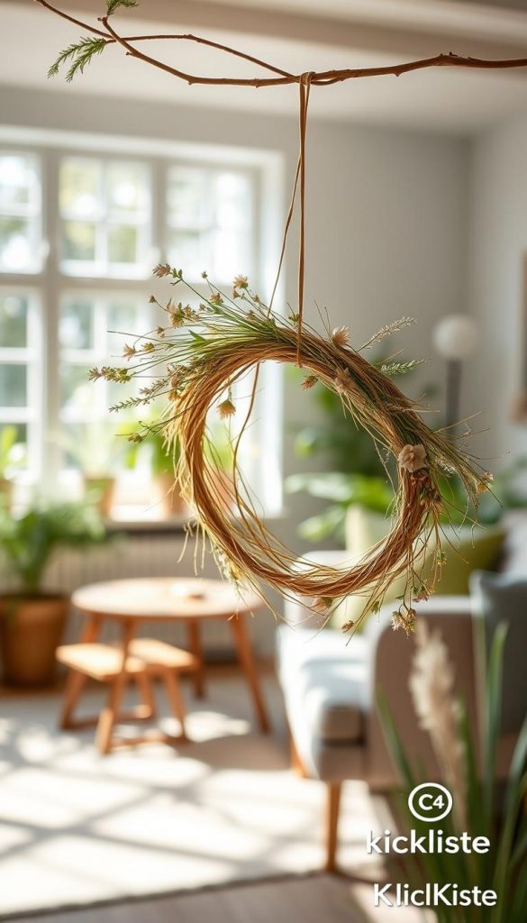 A beautifully crafted summer grass crown hangs gracefully from a delicate branch in a serene Scandinavian decor style. The foreground showcases the intricately woven crown, embellished with wildflowers in soft pastel hues, reflecting a natural DIY aesthetic. In the middle ground, a softly blurred background reveals a cozy, sun-drenched room with minimalist wooden furniture and fresh greenery, creating an inviting and warm atmosphere. The sunlight filters through large windows, casting gentle, dappled shadows that enhance the natural colors of the grasses and flowers. The composition captures a Pinterest-like vibe, both authentic and inspiring, perfect for showcasing natural materials. The image subtly includes a logo for "KlickKiste" to tie in with the theme.